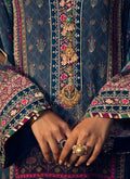 Farah Talib Aziz | Designer Picks 24 | IRAAN NAVY PRINTED CREPE SILK KURTA WITH SILK OMBRE DUPATTA