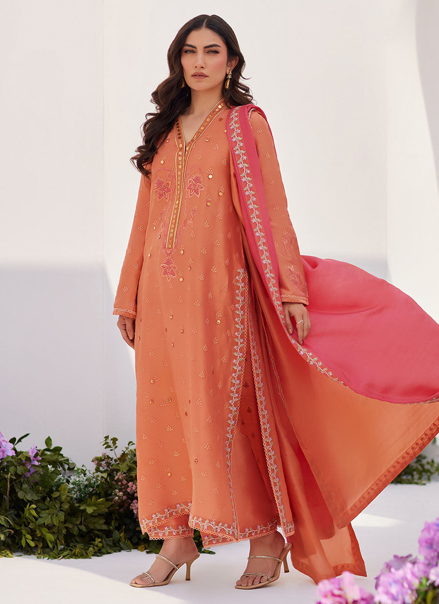 Farah Talib Aziz | Designer Picks 24 | ELYNA CORAL EMBROIDERED RAW SILK SHIRT AND DUPATTA
