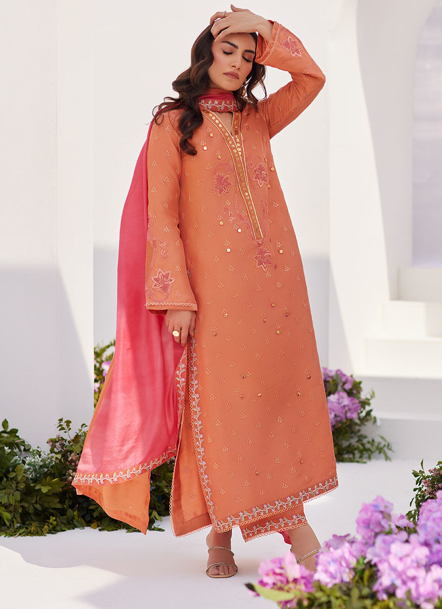 Farah Talib Aziz | Designer Picks 24 | ELYNA CORAL EMBROIDERED RAW SILK SHIRT AND DUPATTA