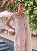 Farah Talib Aziz | Designer Picks 24 | KARINA BLUSH SCHIFFLI RAW SILK SHIRT WITH PRE-DRAPED DUPATTA