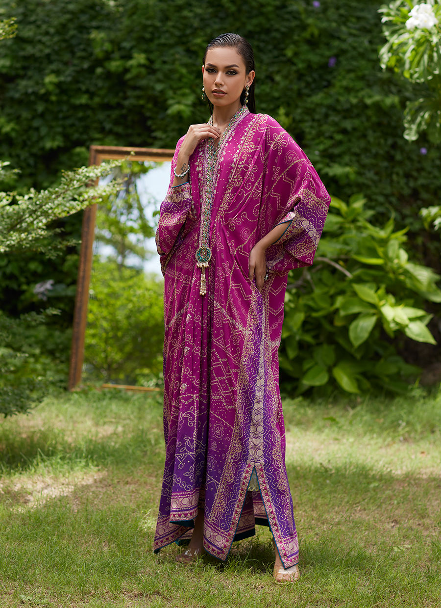 Farah Talib Aziz | Mayna Festive Prints 24 | Zahli Magenta Ombre Kaftan