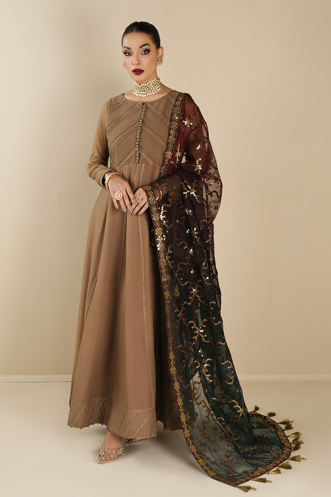 Alizeh | Formals Collection | Rose Beige Dress 3 piece - RTW1017 - House Of Anaya