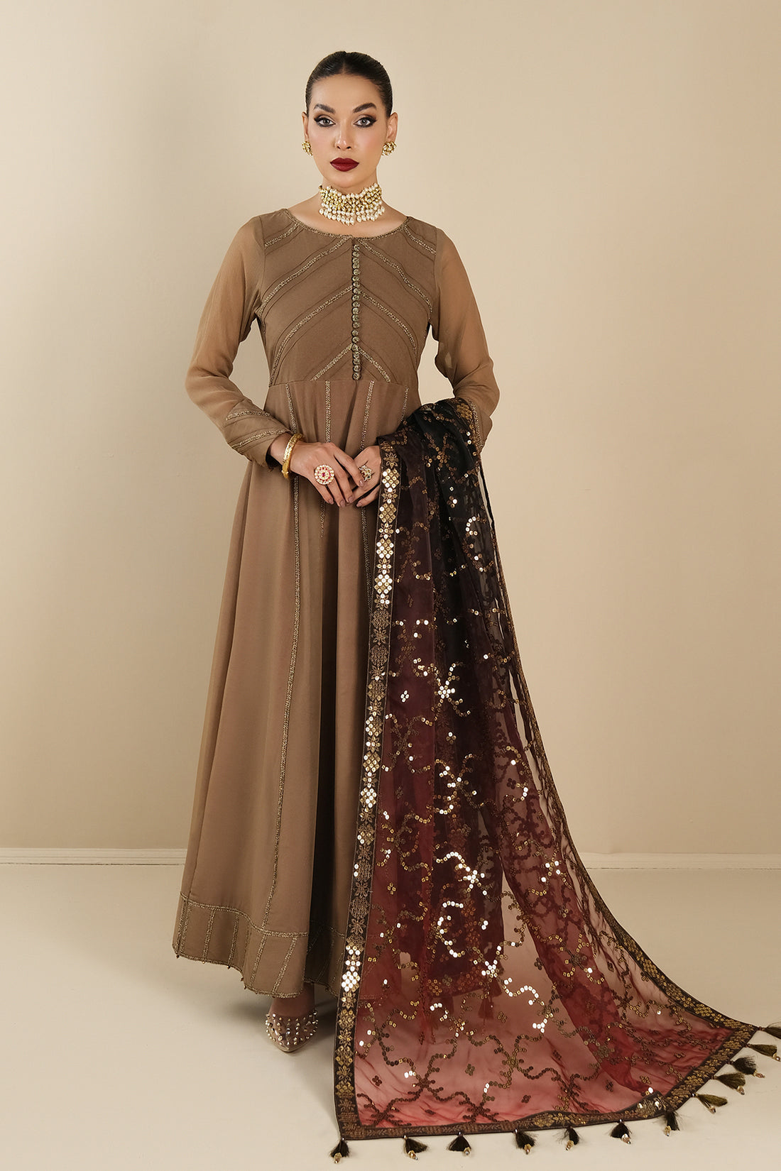 Alizeh | Formals Collection | Rose Beige Dress 3 piece - RTW1017 - House Of Anaya