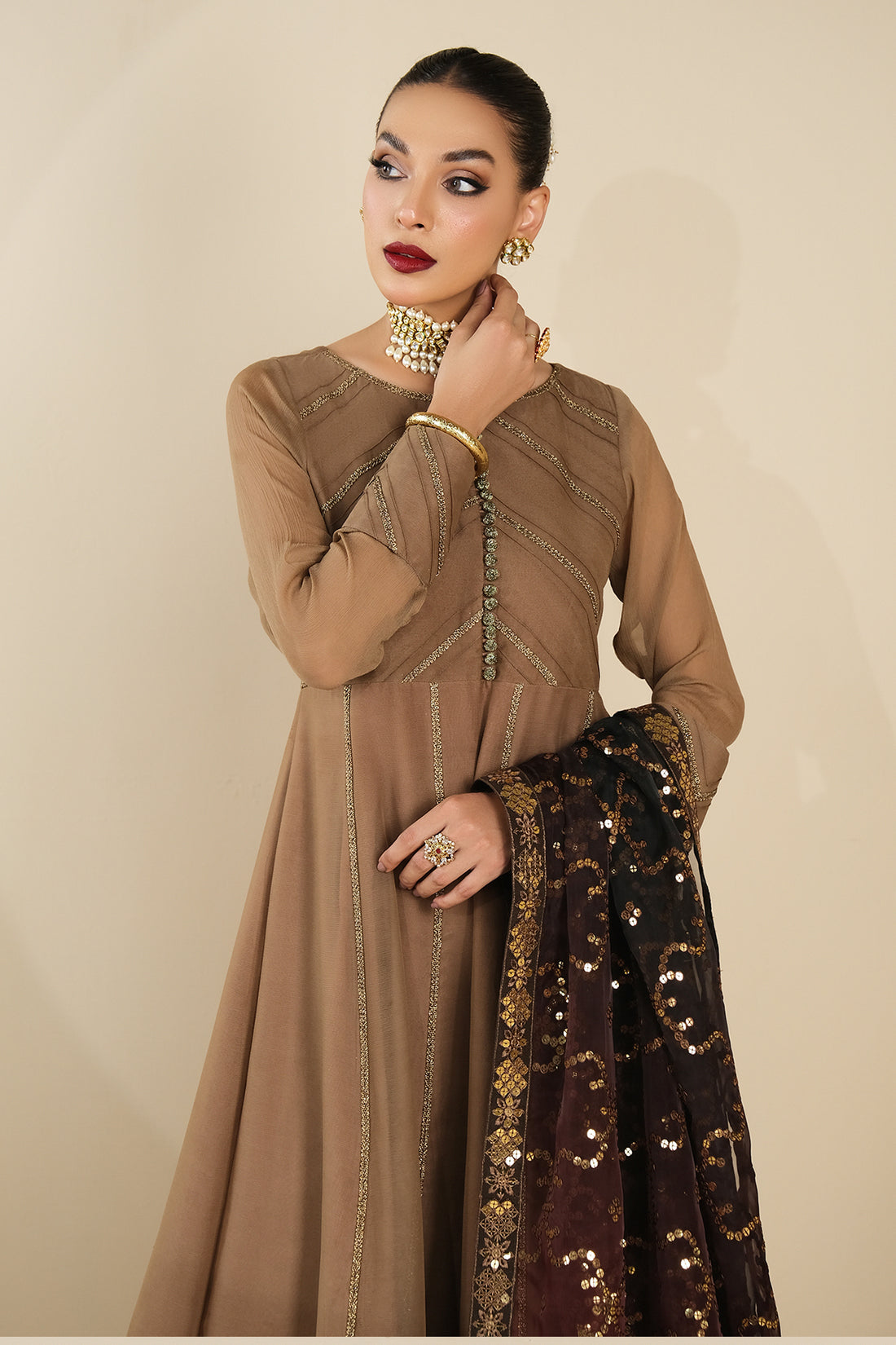 Alizeh | Formals Collection | Rose Beige Dress 3 piece - RTW1017 - House Of Anaya