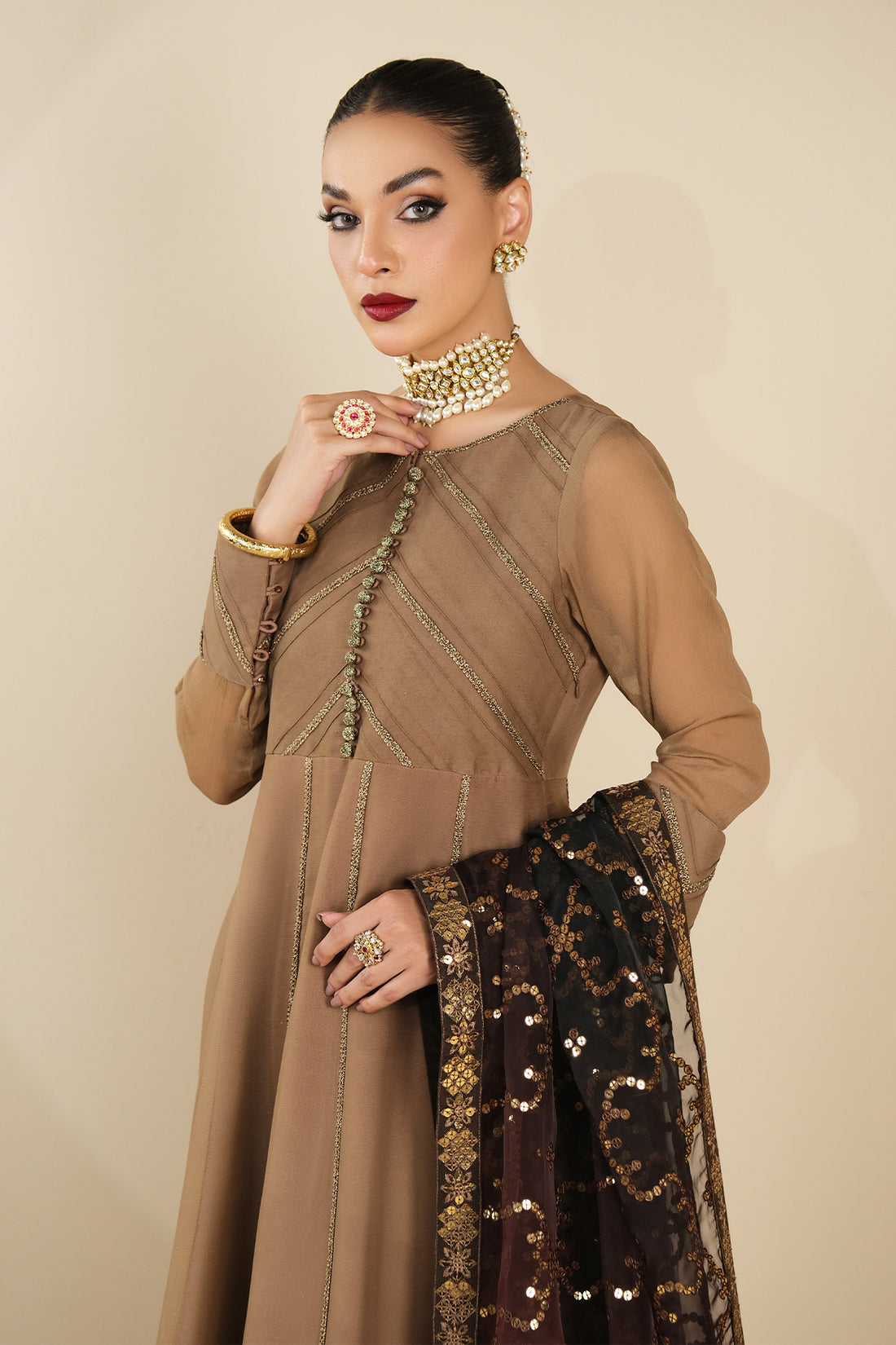 Alizeh | Formals Collection | Rose Beige Dress 3 piece - RTW1017 - House Of Anaya