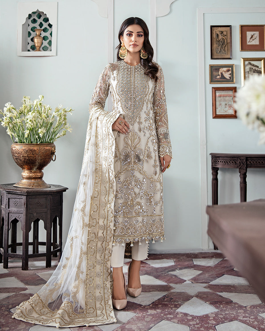 Gulaal | Wedding Formals | Mehr Embroidered Net 3-Piece Suit WS-19 - House Of Anaya