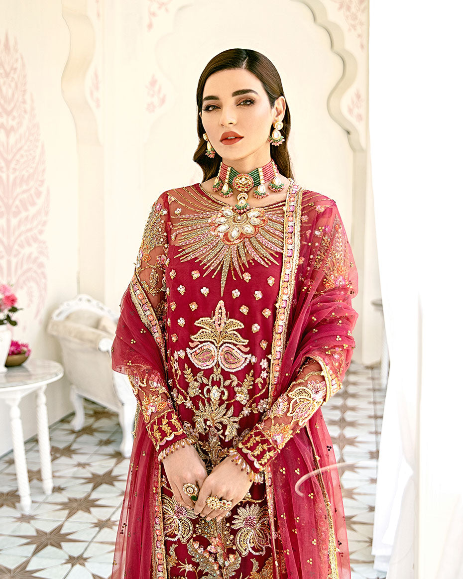 Gulaal | Wedding Formals | Rouge Embroidered Net 3-Piece Suit WS-06 - House Of Anaya