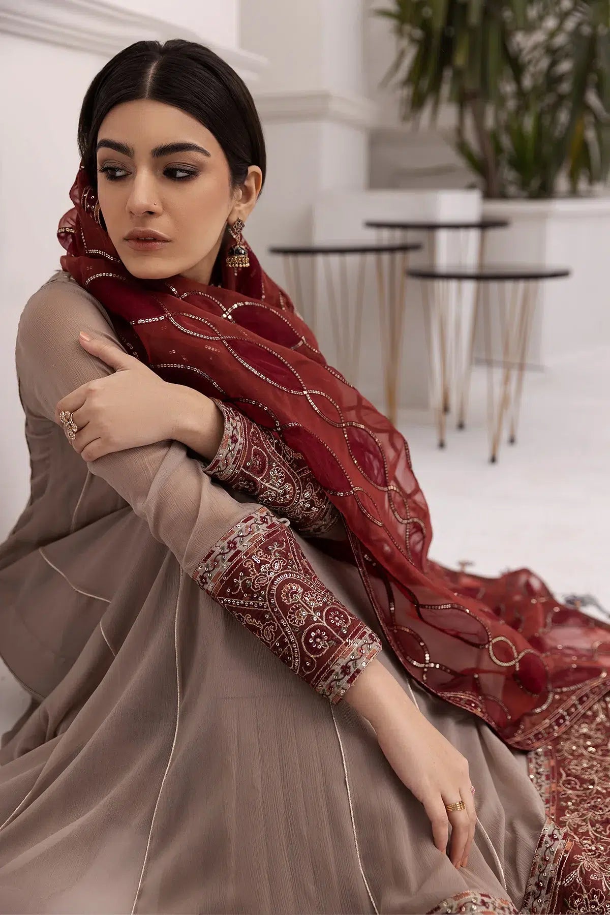 Alizeh | Formals Collection | Beige Dress 3 piece - RTW1010 - House Of Anaya