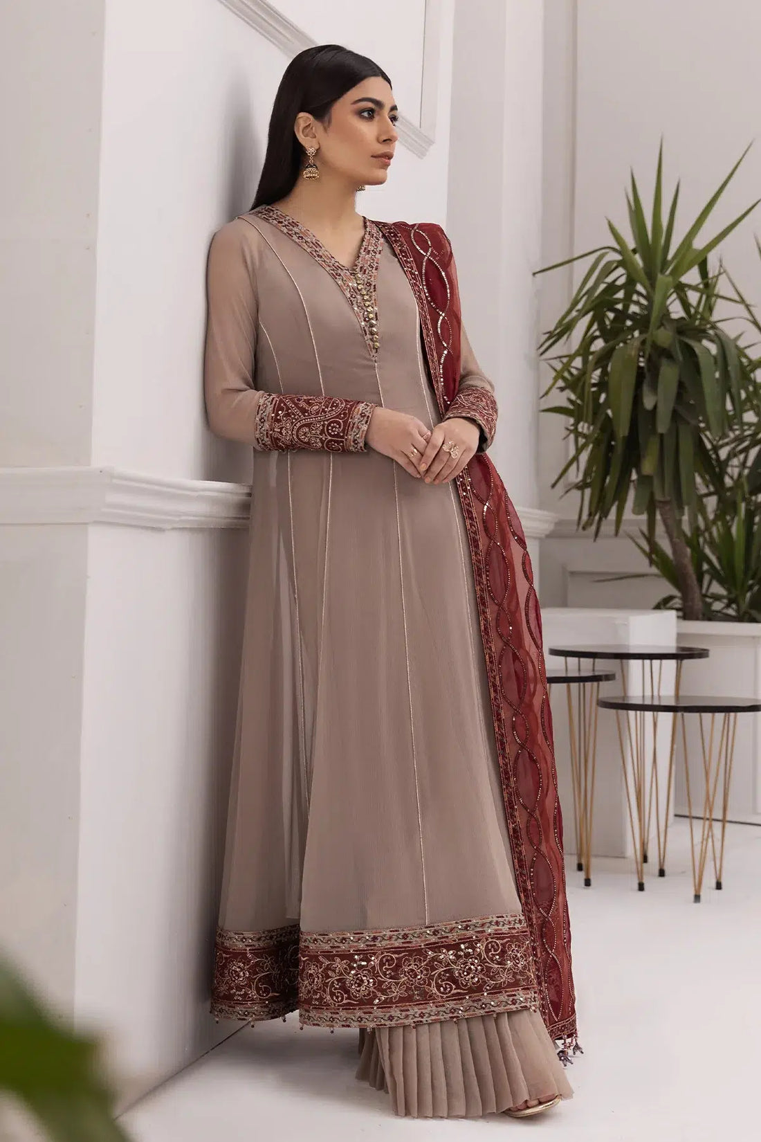 Alizeh | Formals Collection | Beige Dress 3 piece - RTW1010 - House Of Anaya