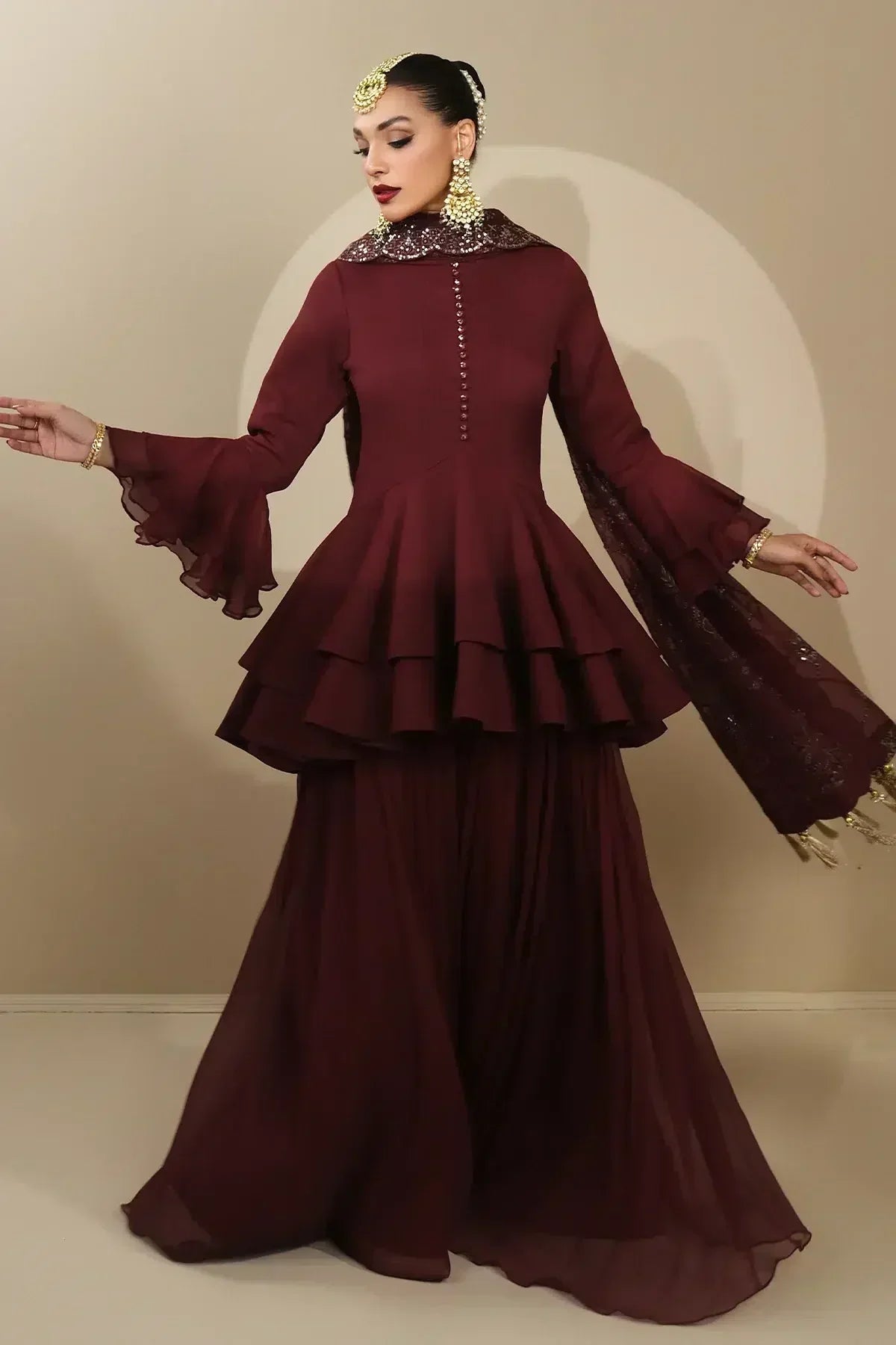Alizeh | Formals Collection | Maroon Peplum 3 piece - RTW1014 - House Of Anaya