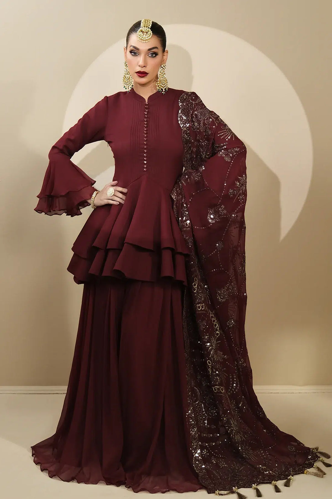 Alizeh | Formals Collection | Maroon Peplum 3 piece - RTW1014 - House Of Anaya