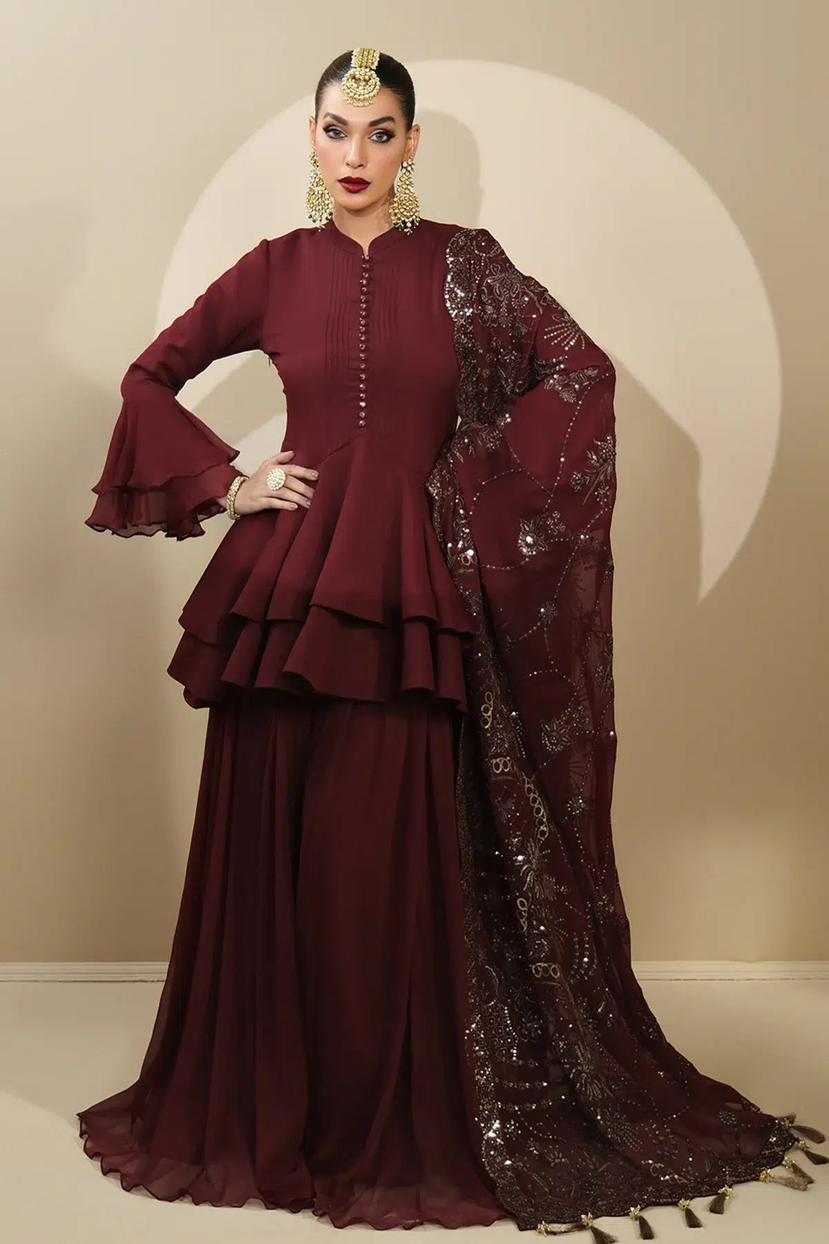 Alizeh | Formals Collection | Maroon Peplum 3 piece - RTW1014 - House Of Anaya