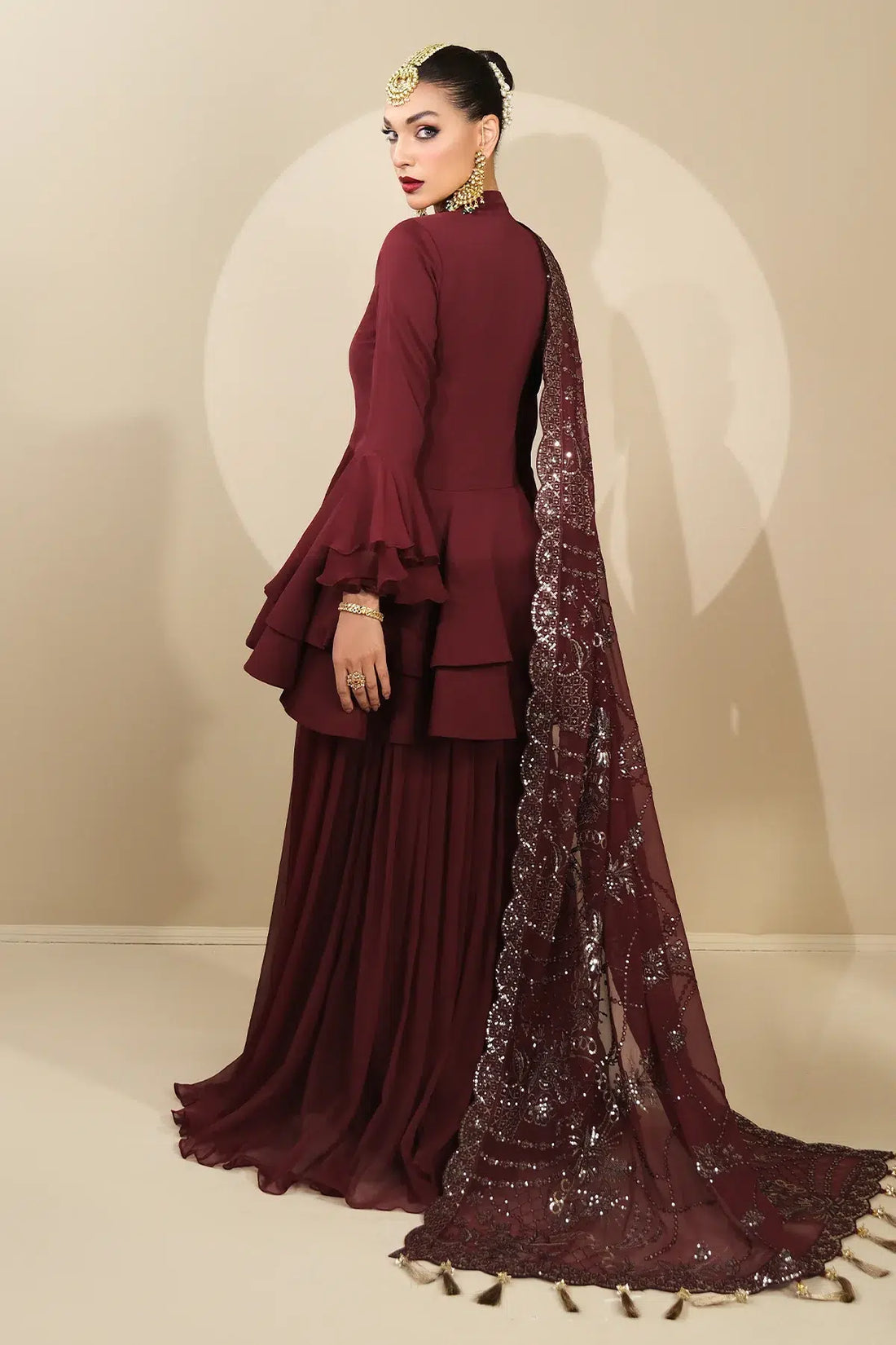 Alizeh | Formals Collection | Maroon Peplum 3 piece - RTW1014 - House Of Anaya