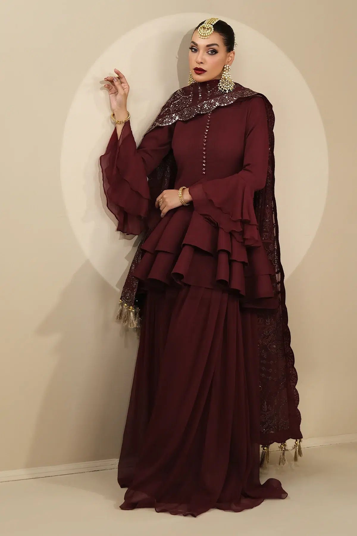 Alizeh | Formals Collection | Maroon Peplum 3 piece - RTW1014 - House Of Anaya