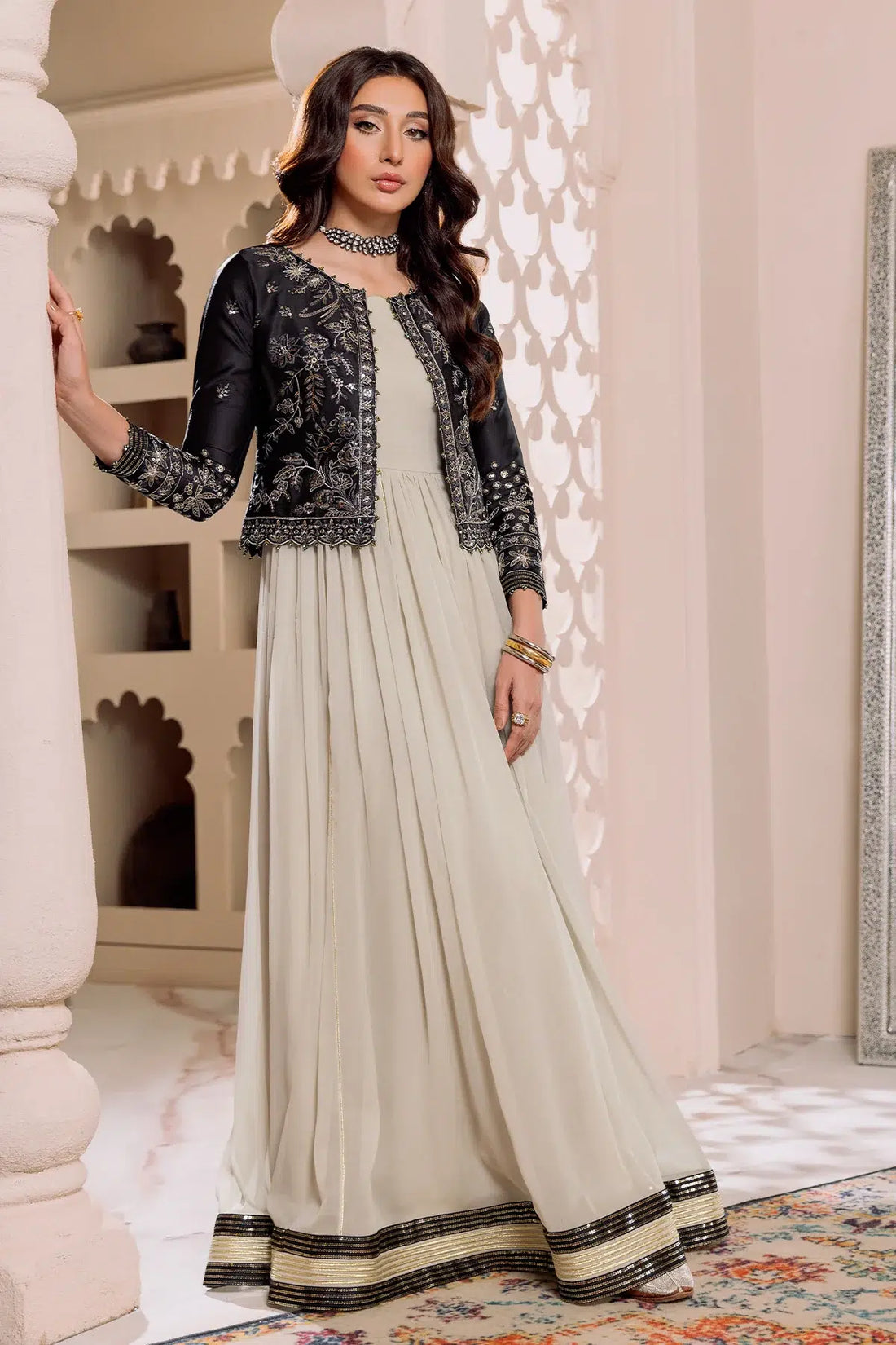 Alizeh | Formals Collection | Offwhite Black 4 piece - RTW1016 - House Of Anaya