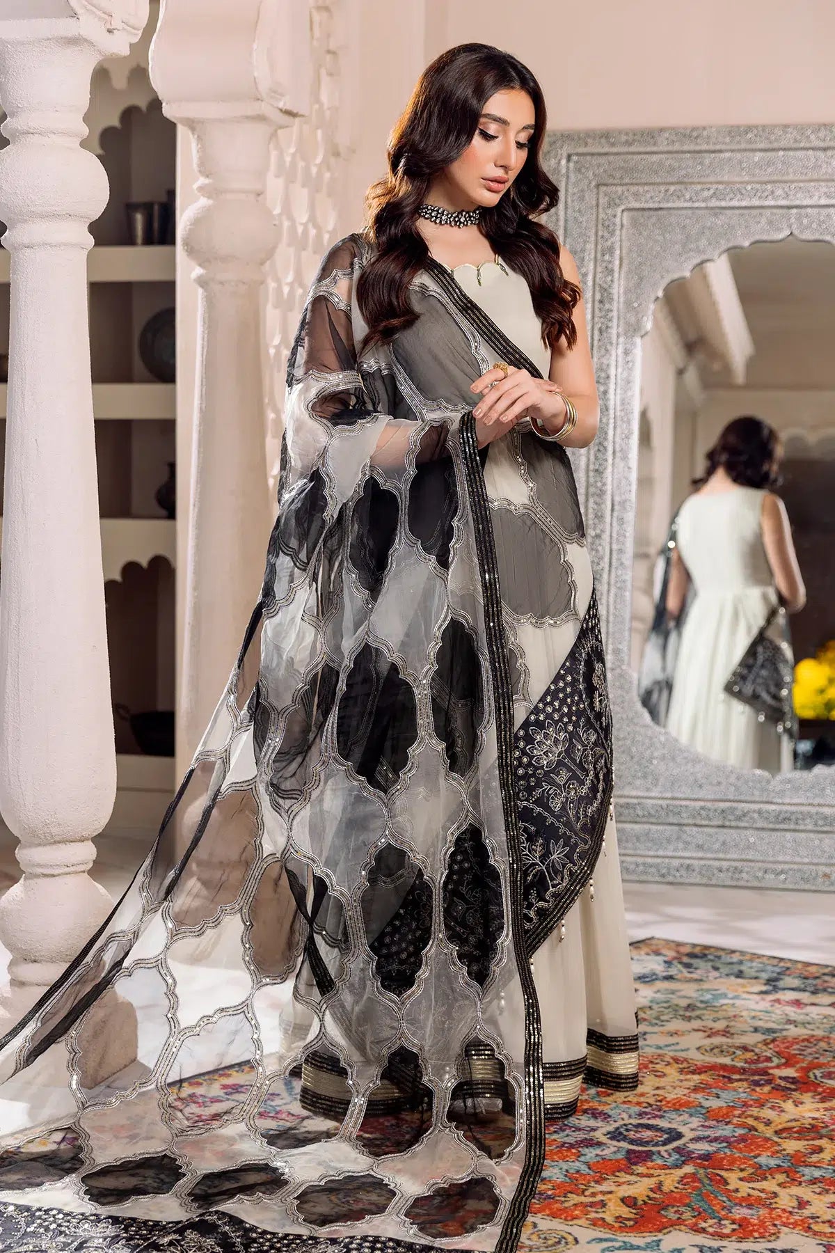 Alizeh | Formals Collection | Offwhite Black 4 piece - RTW1016 - House Of Anaya