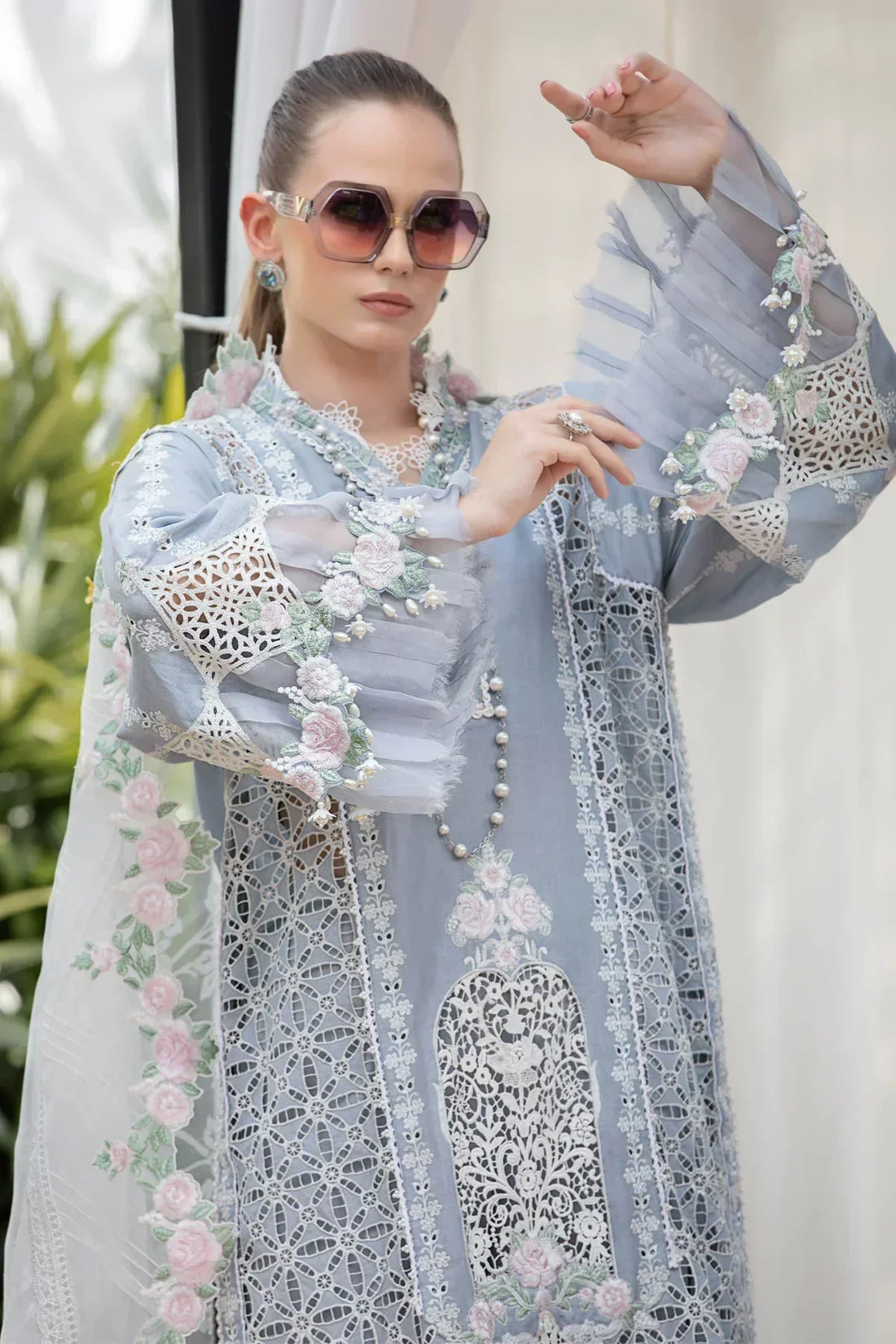 Maria B | Luxury Lawn | EL-23-10-Ice Blue - House Of Anaya