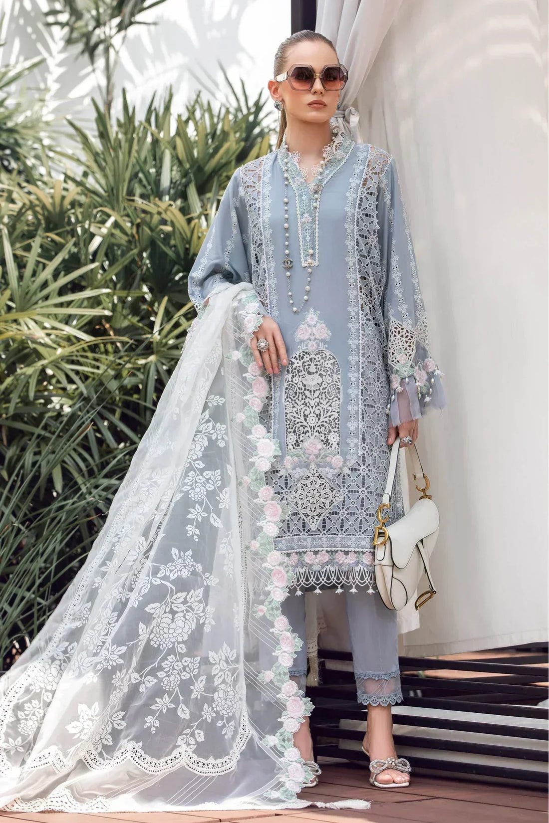 Maria B | Luxury Lawn | EL-23-10-Ice Blue - House Of Anaya