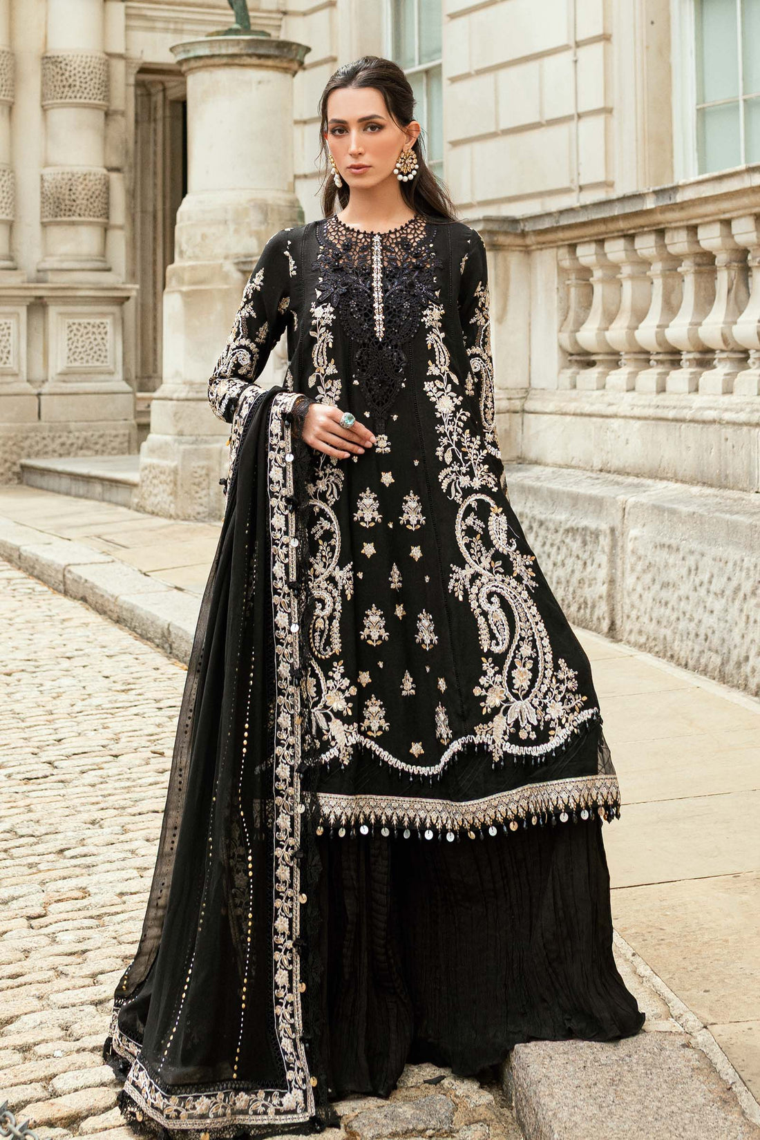 Maria B | Soiree Collection | Embroidered Raw Silk Suit WF-09-03-Black