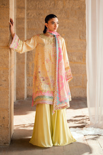 Dhanak | Silk Pret | YELLOW 2PCS HAND EMBELLISHED KURTA WITH TROUSER