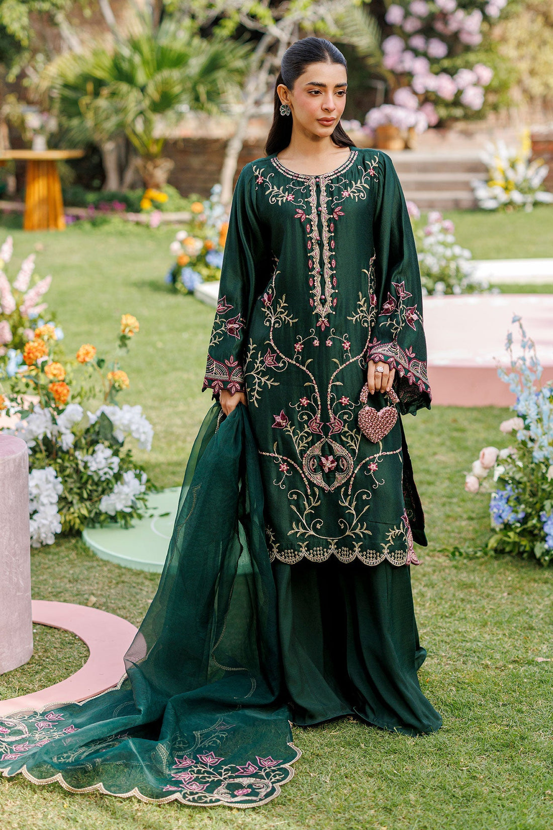 Dhanak | Signature Pret | BOTTLE GREEN 2PCS EMBROIDERED KURTA WITH TROUSER