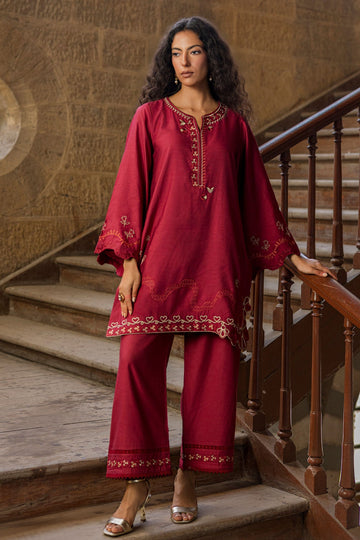 Dhanak | Signature Pret | MAROON 2PCS EMBROIDERED KURTA WITH TROUSER