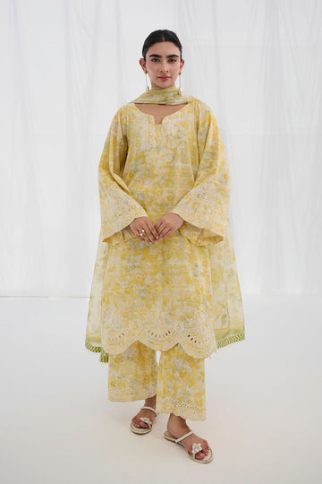 Dhanak | Casual Pret | YELLOW COTTON JACQUARD 2PCS EMBROIDERED KURTA WITH TROUSER