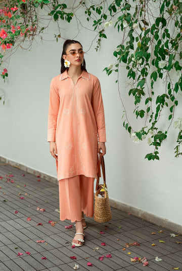 Dhanak | Casual Pret | PEACH 2PCS EMBROIDERED KURTA WITH TROUSER