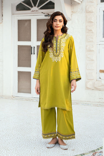 Dhanak | SWISS VOILE | OLIVE GREEN SWISS VOILE 2PCS EMBROIDERED KURTA WITH TROUSER