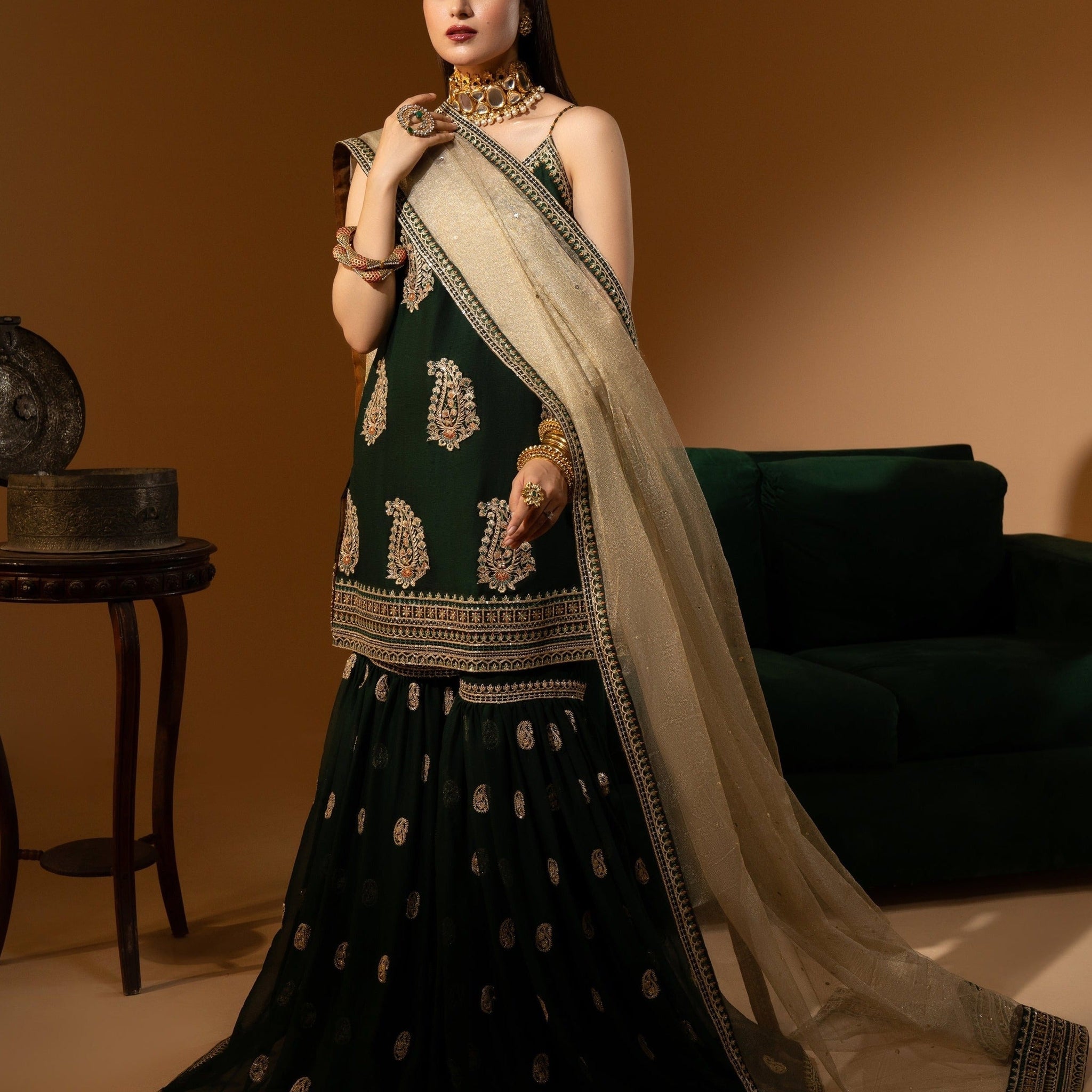 Hemstitch Wedding Formal Chiffon 3Pc Suit WDU-03 Dhani - Riwayat-e-khas
