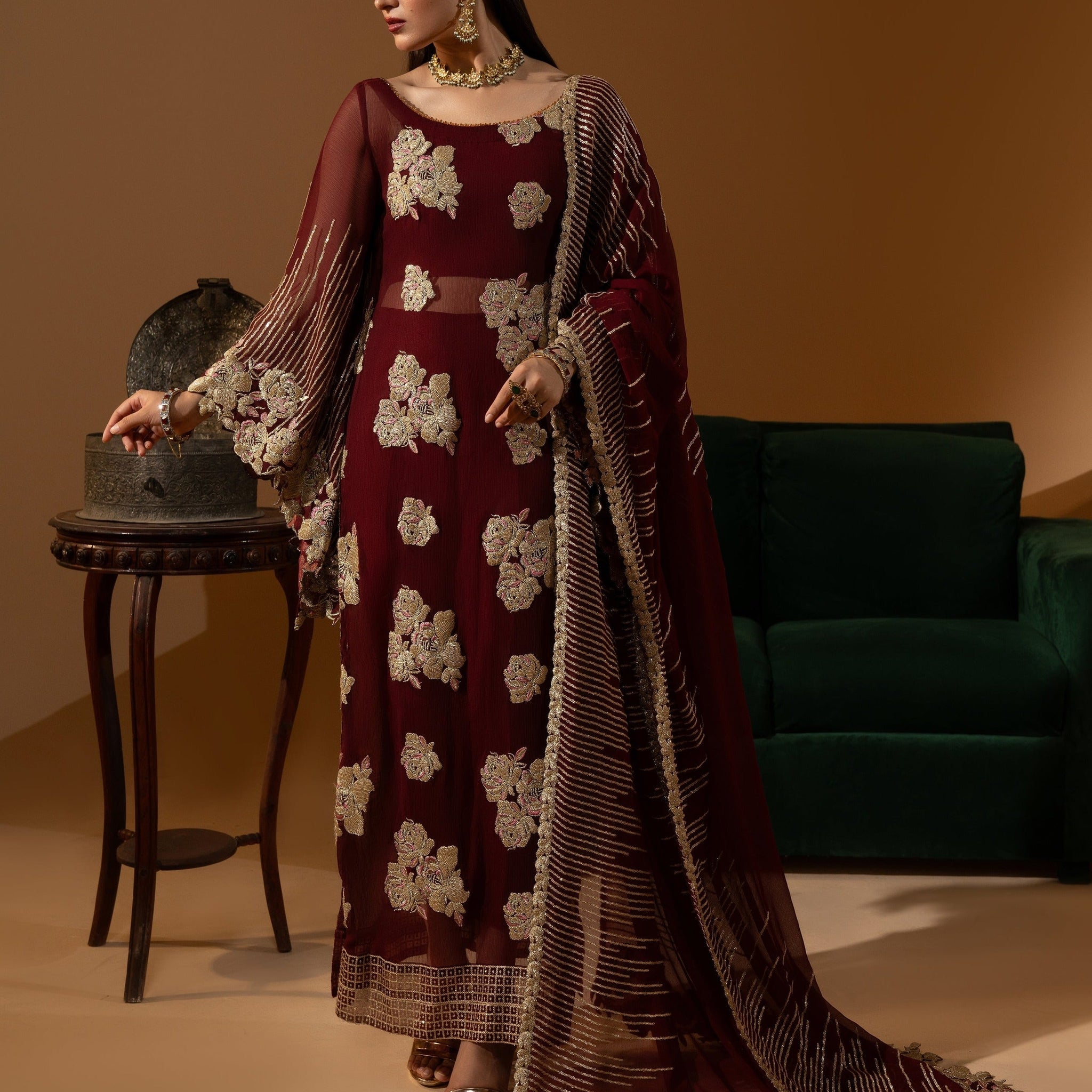 Hemstitch Wedding Formal Chiffon 3Pc Suit WDU-01 Rubby - Riwayat-e-khas