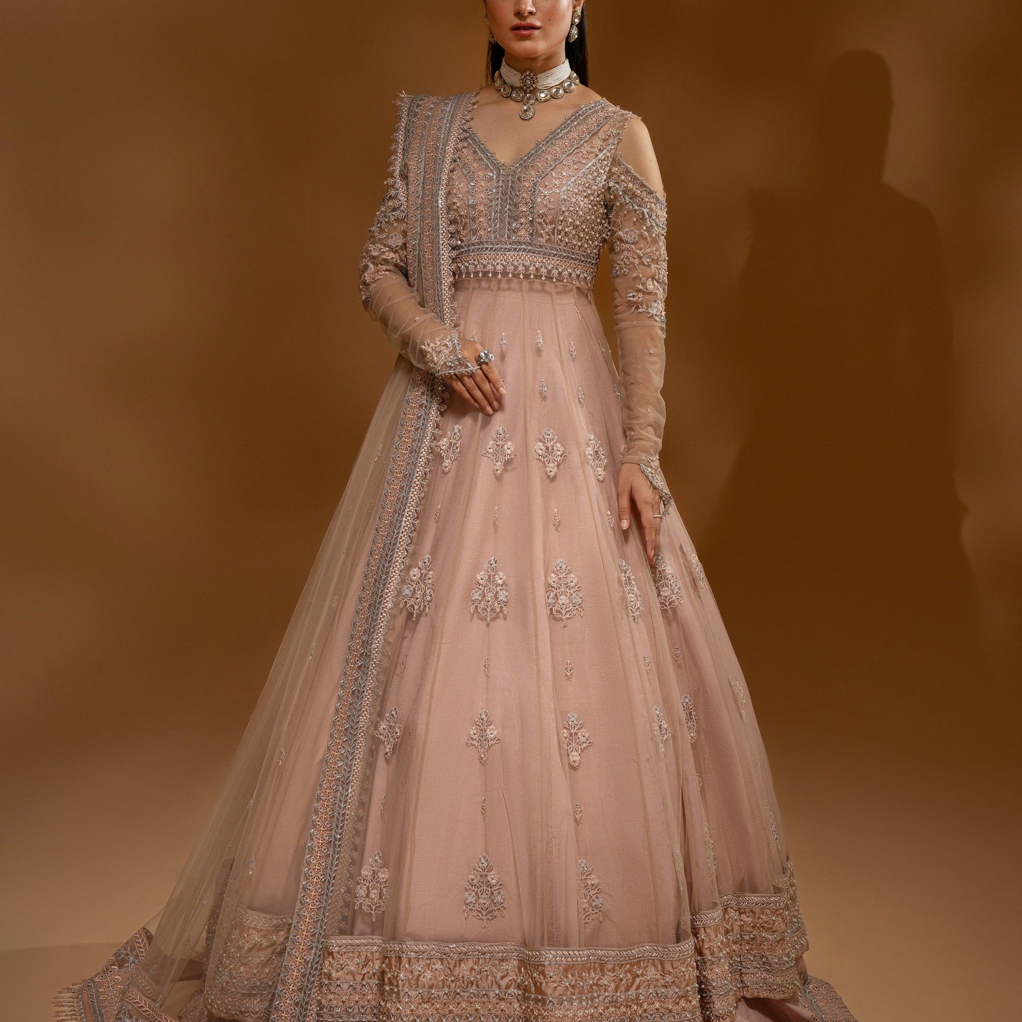 Hemstitch Wedding Formal Net 3Pc Suit WDU-04 Rose - Riwayat-e-khas