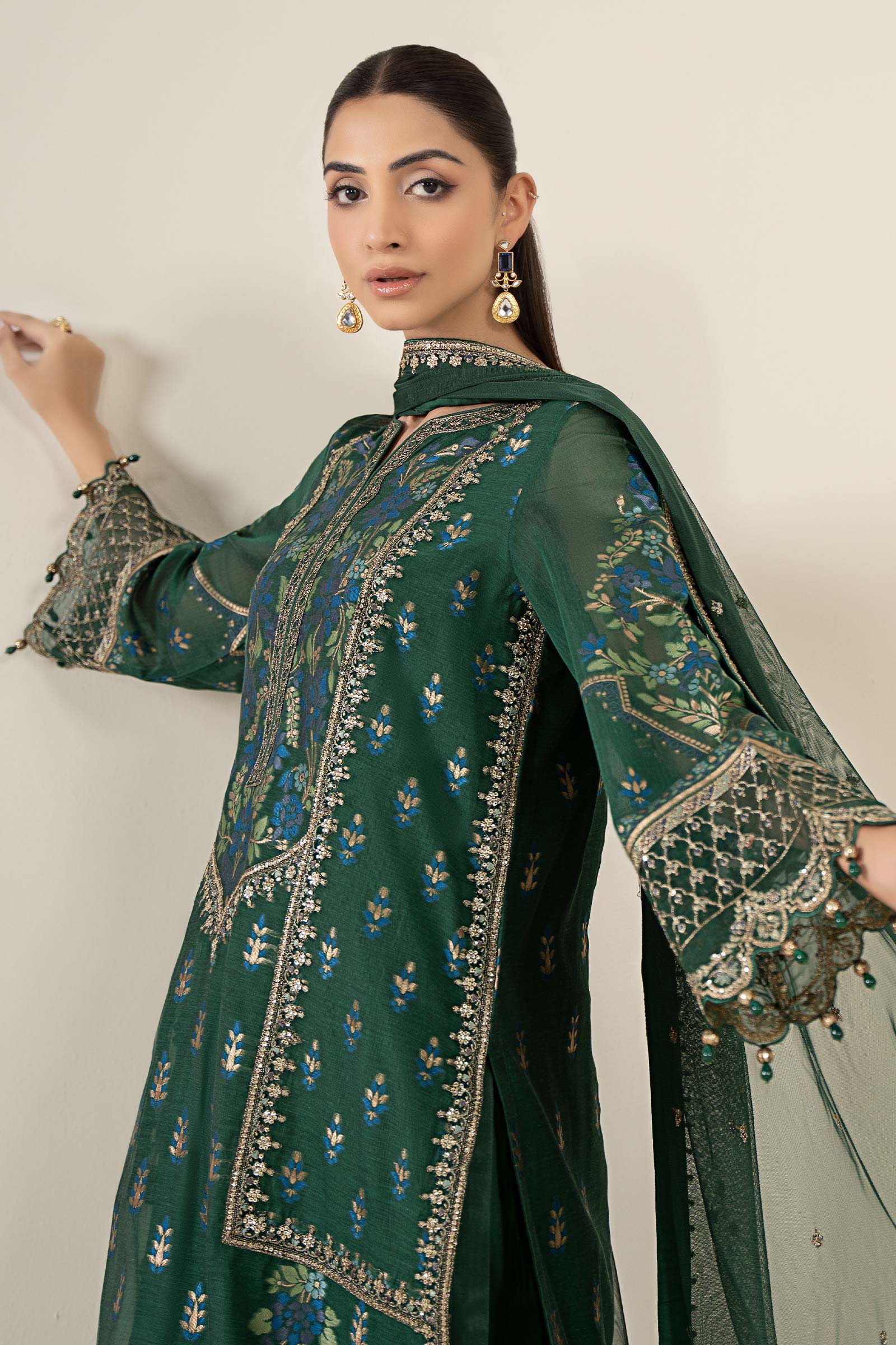 Maria B | Pre Fall Dresses | 3 Piece Embroidered Jacquard Suit Dark Teal Green