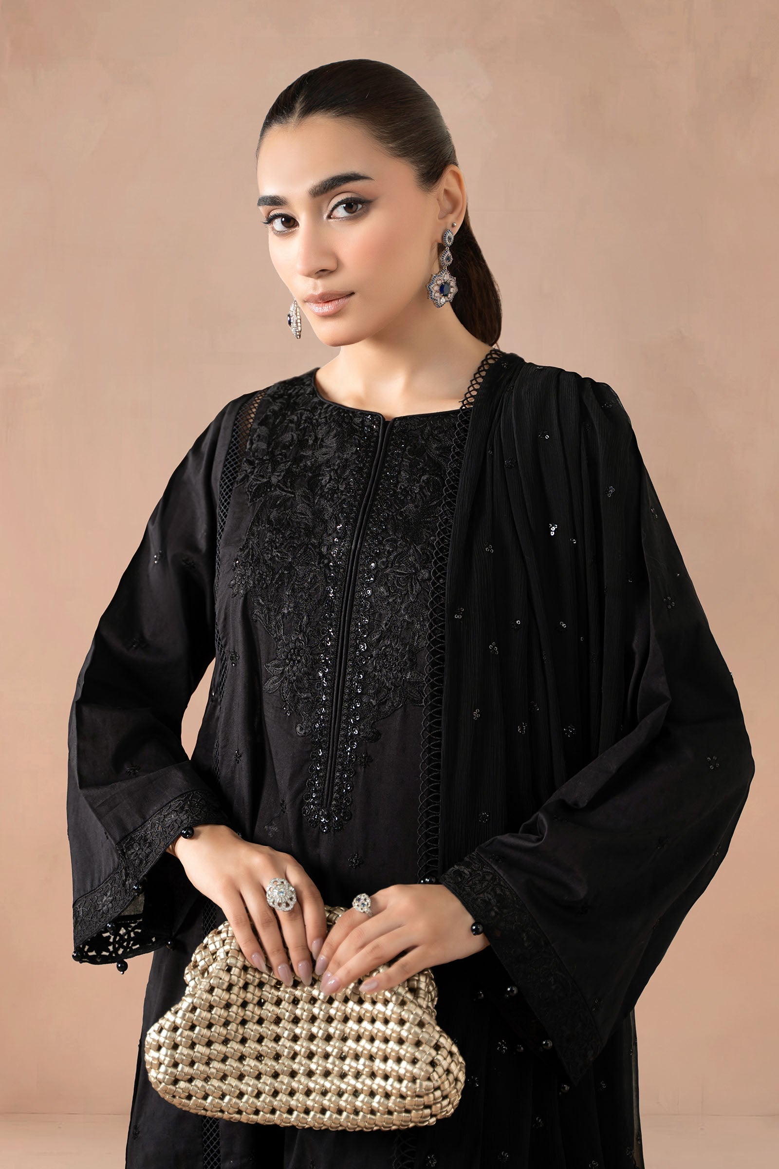 Maria B | Pre Fall Dresses | 3 Piece Embroidered Self Jacquard Suit Black1