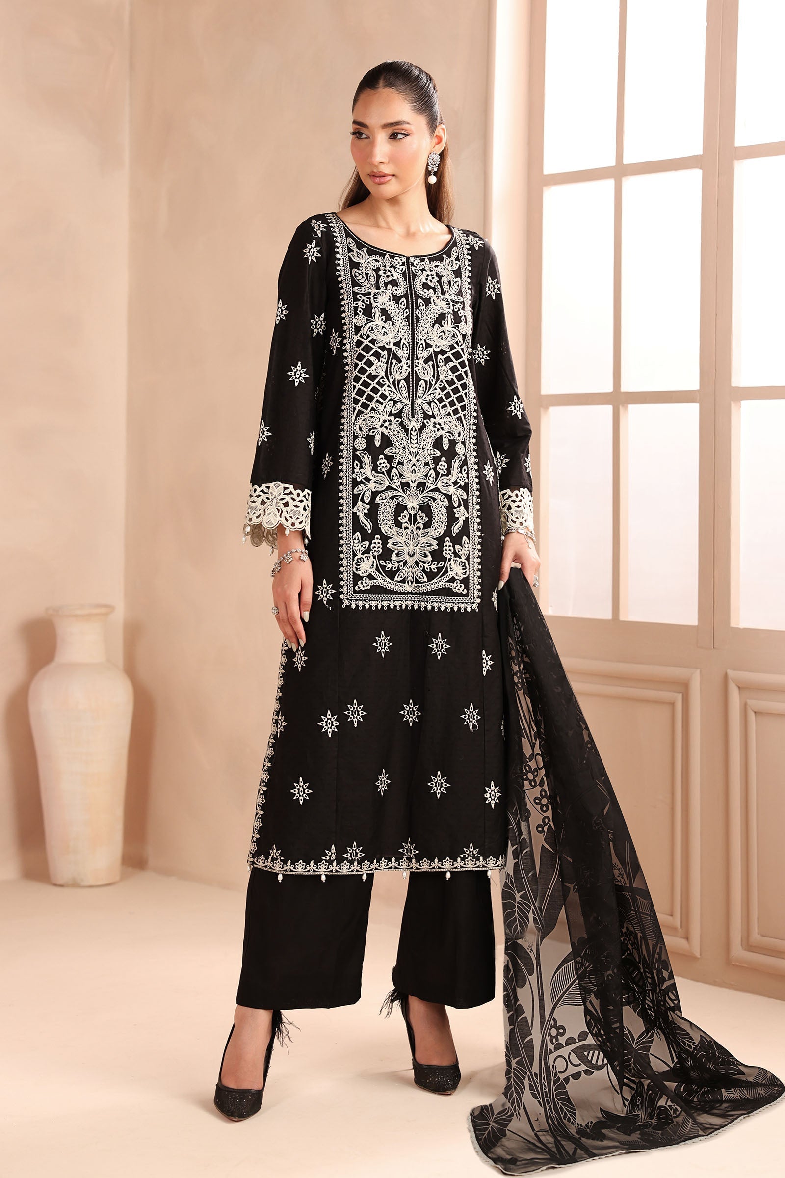 Maria B | Pre Fall Dresses | 3 Piece Embroidered Dobby Suit Black