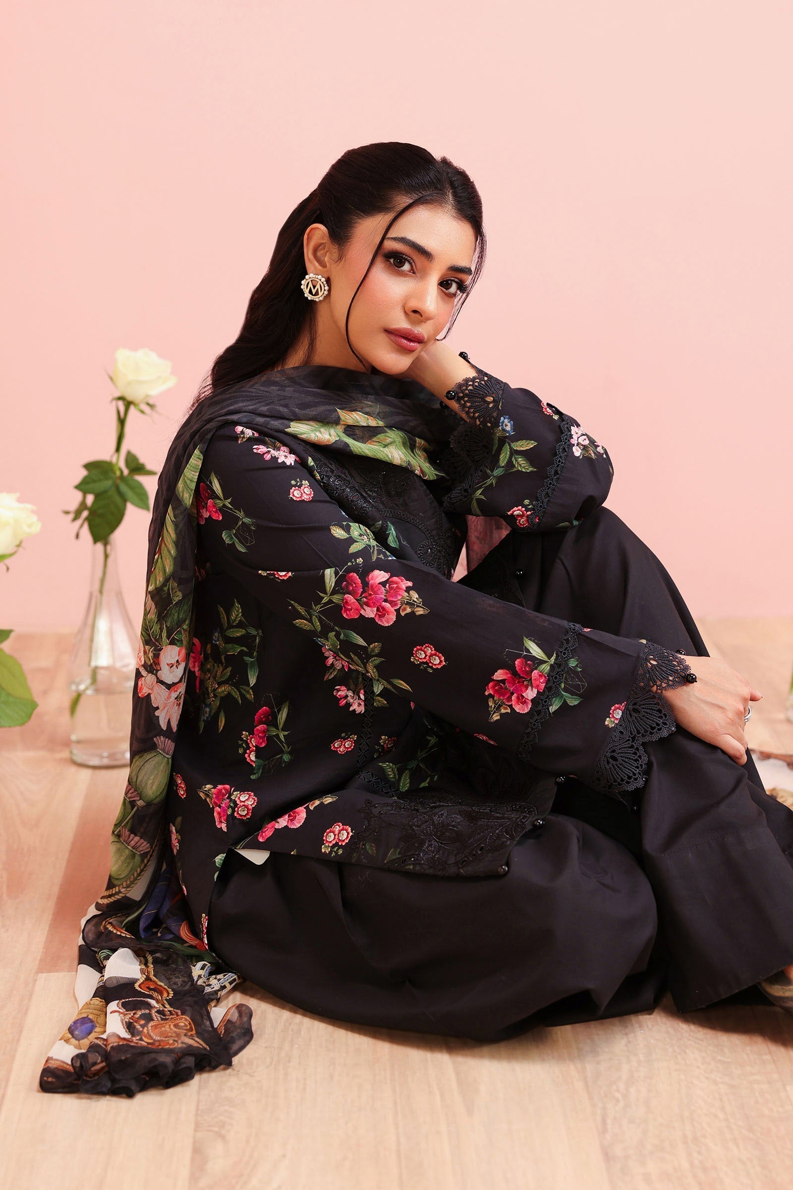 Maria B | Pre Fall Dresses | 3 Piece Embroidered Cotton Suit Black
