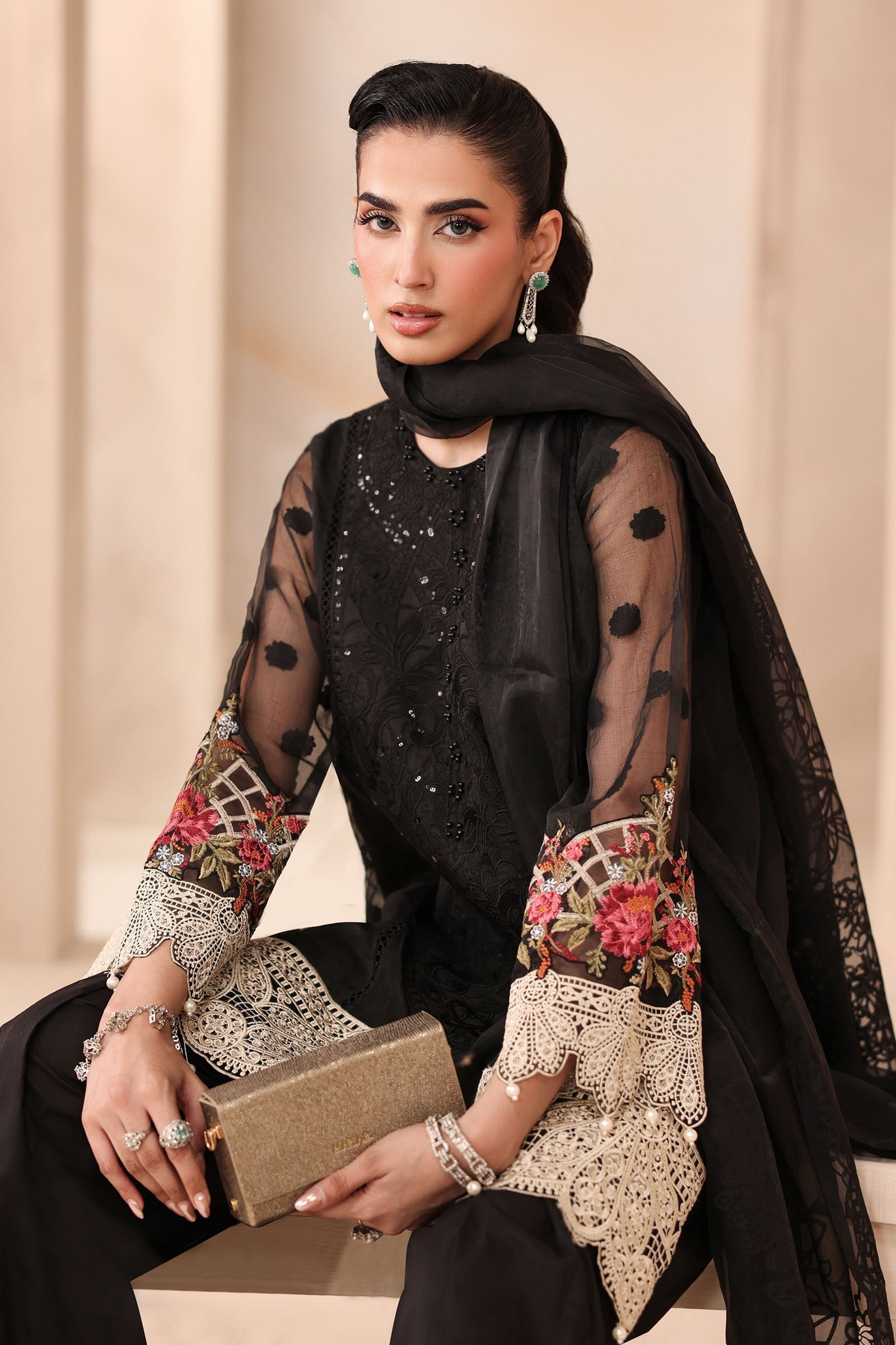 Maria B | Pre Fall Dresses | 3 Piece Embroidered Organza Jacquard Suit Black