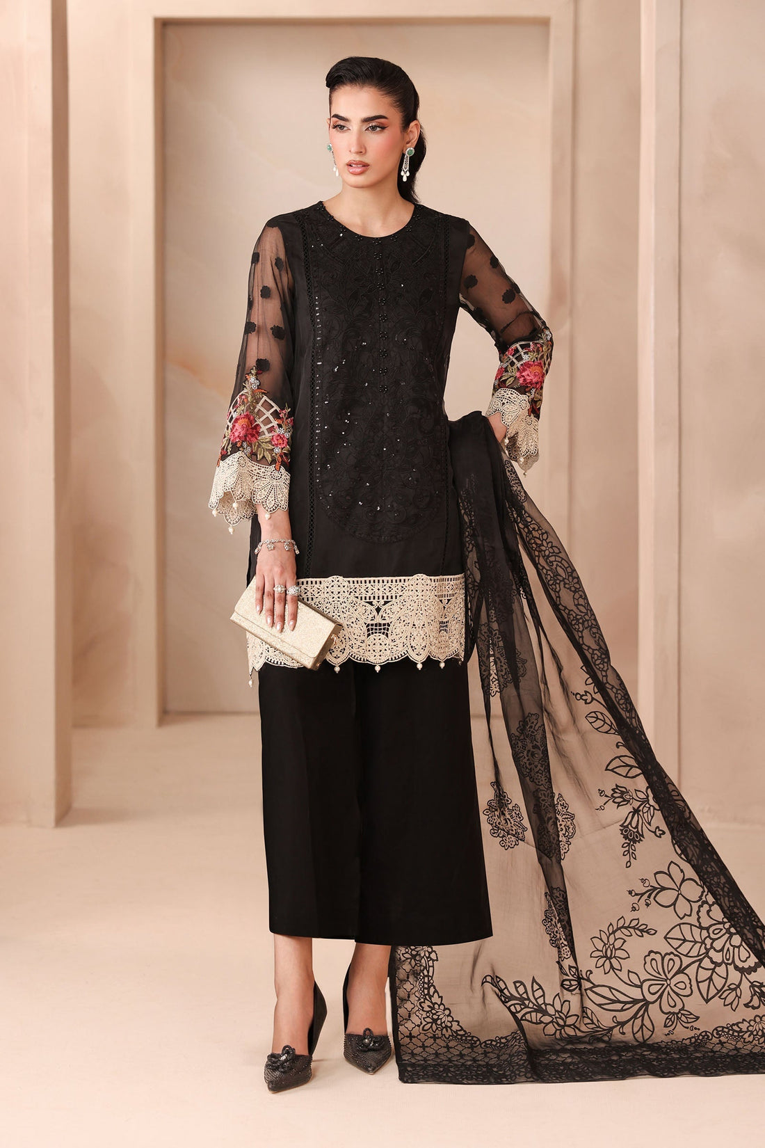 Maria B | Pre Fall Dresses | 3 Piece Embroidered Organza Jacquard Suit Black