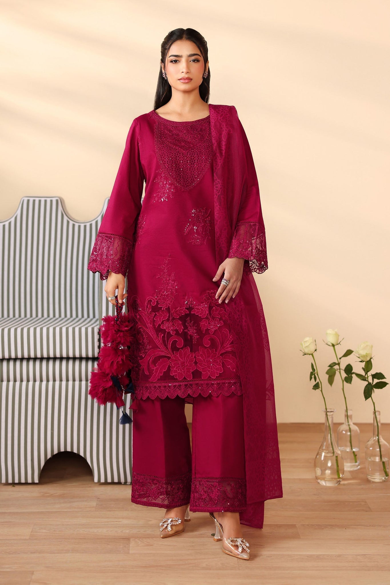 Maria B | Pre Fall Dresses | 3 Piece Embroidered Dobby Suit Maroon