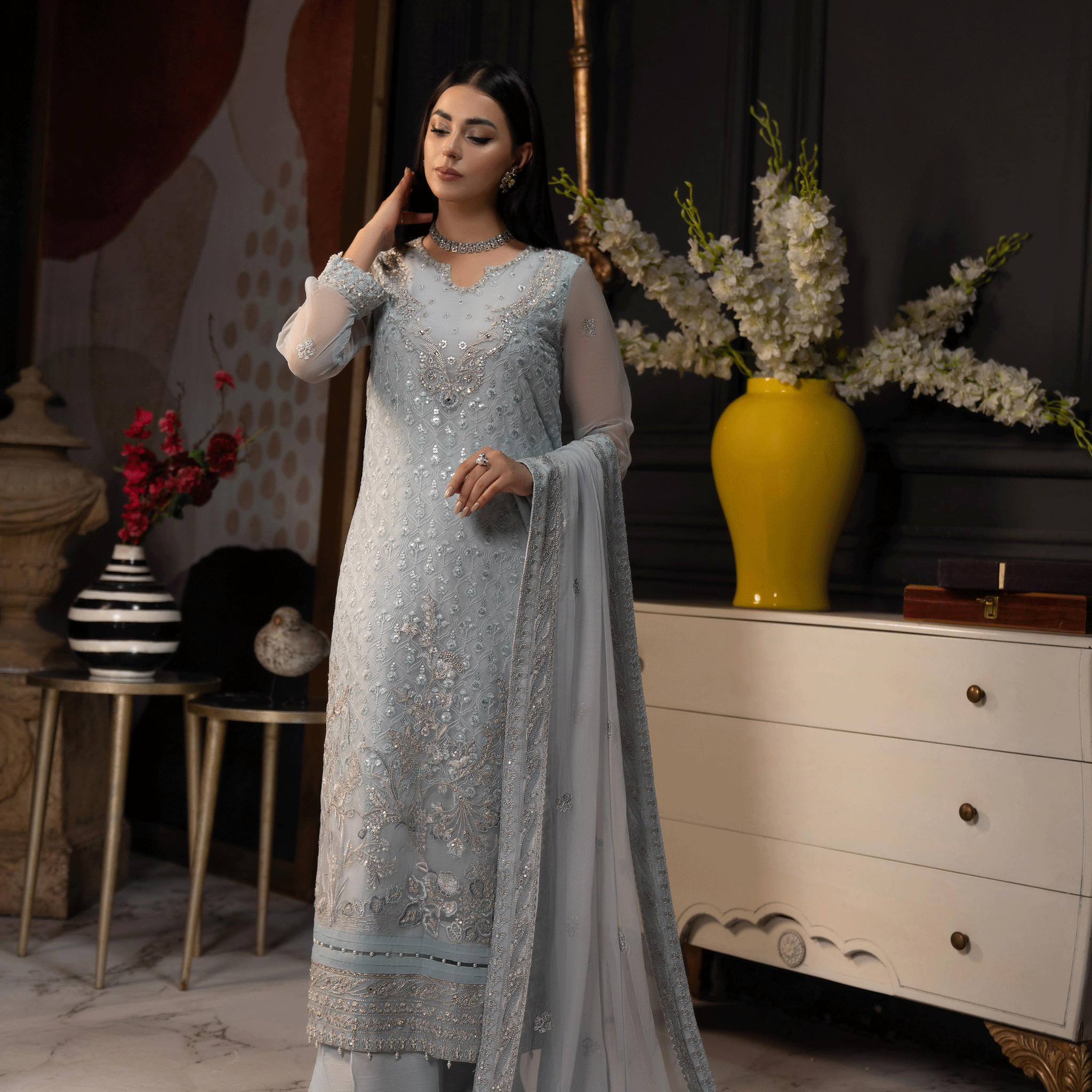 SIFA Valentino Embroidered Chiffon 3 Piece Suit - Daisy - Riwayat-e-khas