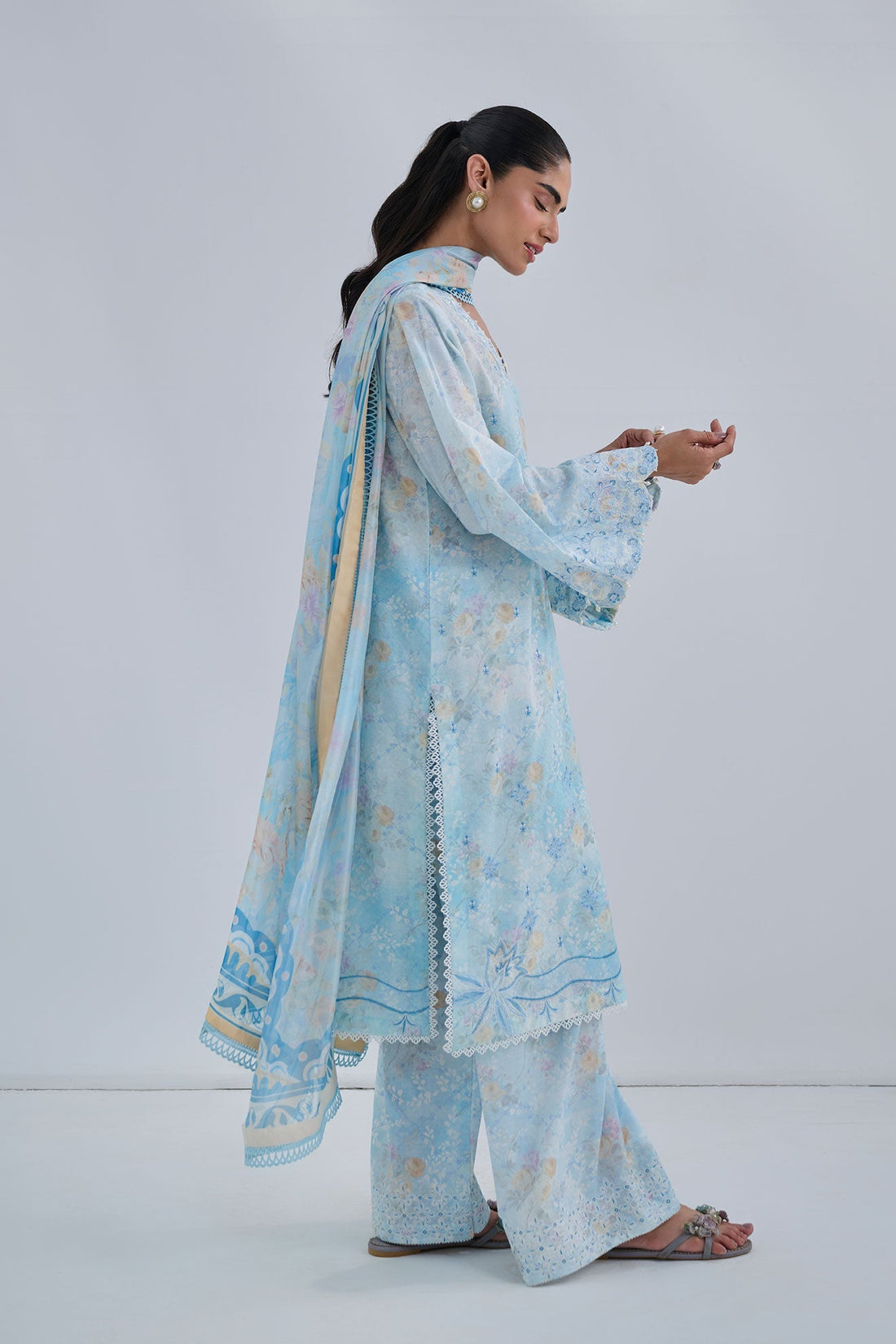Dhanak | Casual Pret | SKY BLUE COTTON JACQUARD 2PCS EMBROIDERED KURTA WITH TROUSER