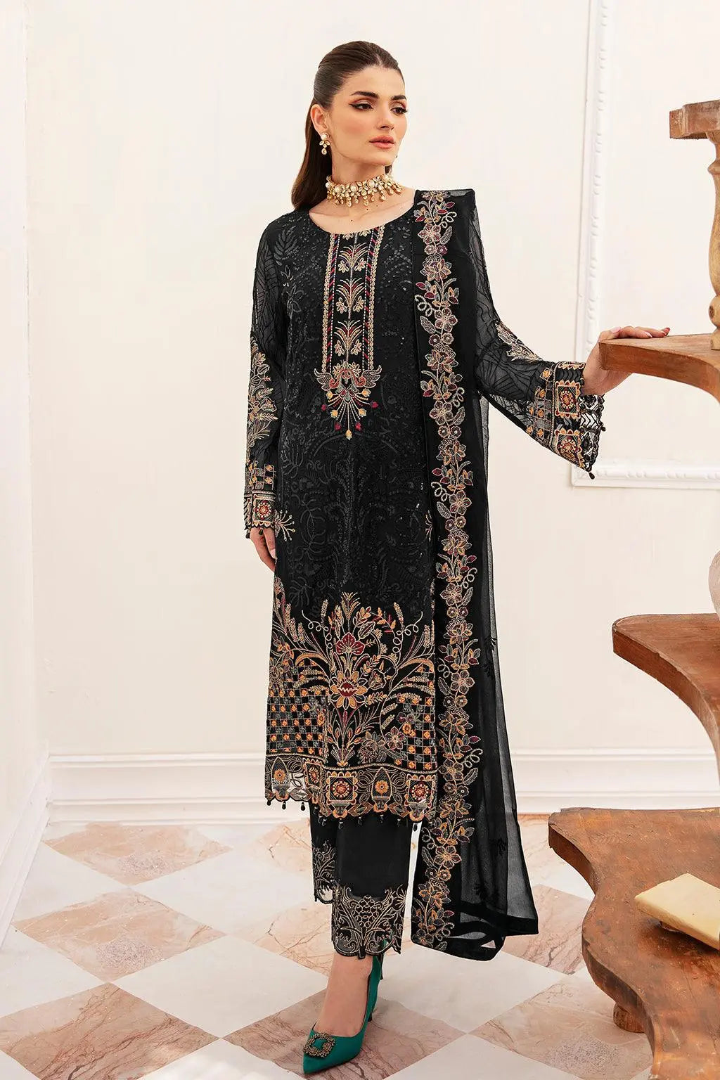 Ramsha Embroidered Luxury Chiffon 3 Piece Suit F-2403 - House Of Anaya