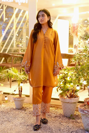 Dhanak | Casual Pret | MUSTARD 2PCS EMBROIDERED KURTA WITH TROUSER