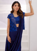 Farah Talib Aziz | Zaza Luxe Pret 24 | OCEAN NAVY DRAPED SAREE WITH CUTWORK EMBELLISHED CAPE - House Of Anaya