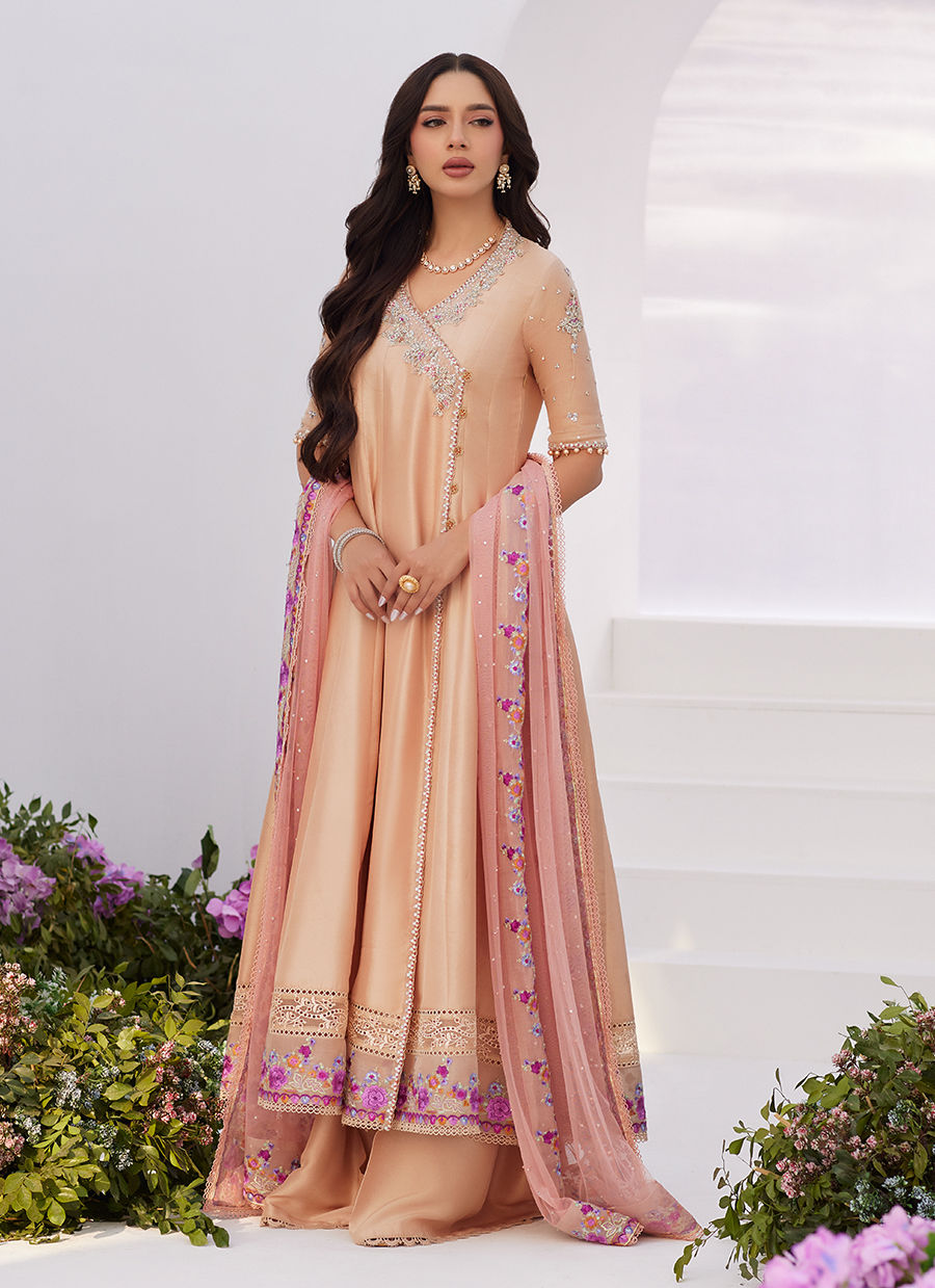 Farah Talib Aziz | Zaza Luxe Pret 24 | LISETTE FAWN EMBELLISHED RAW SILK ANGARKHA AND DUPATTA - House Of Anaya