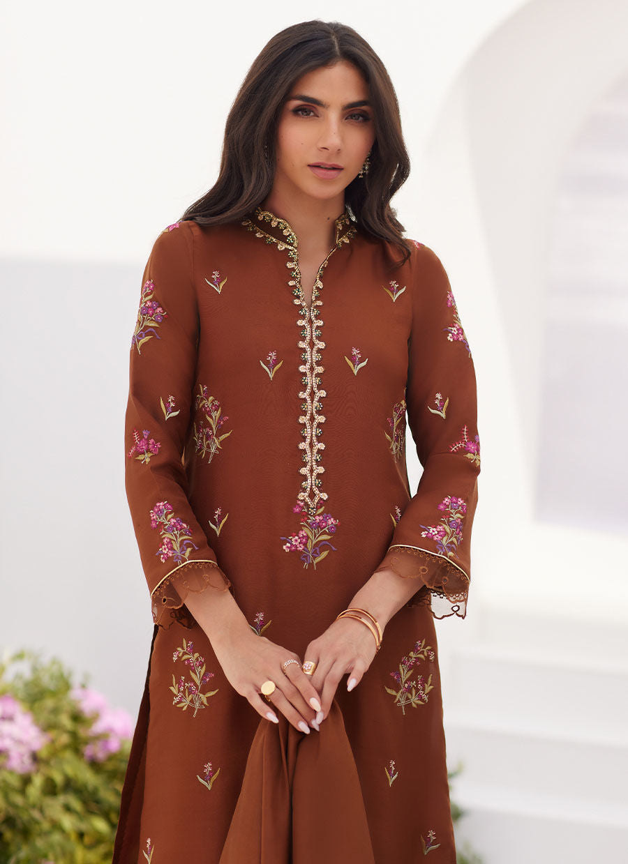 Farah Talib Aziz | Zaza Luxe Pret 24 | NOEMIE CHOCOLATE EMBROIDERED RAW SILK SHIRT AND DUPATTA - House Of Anaya