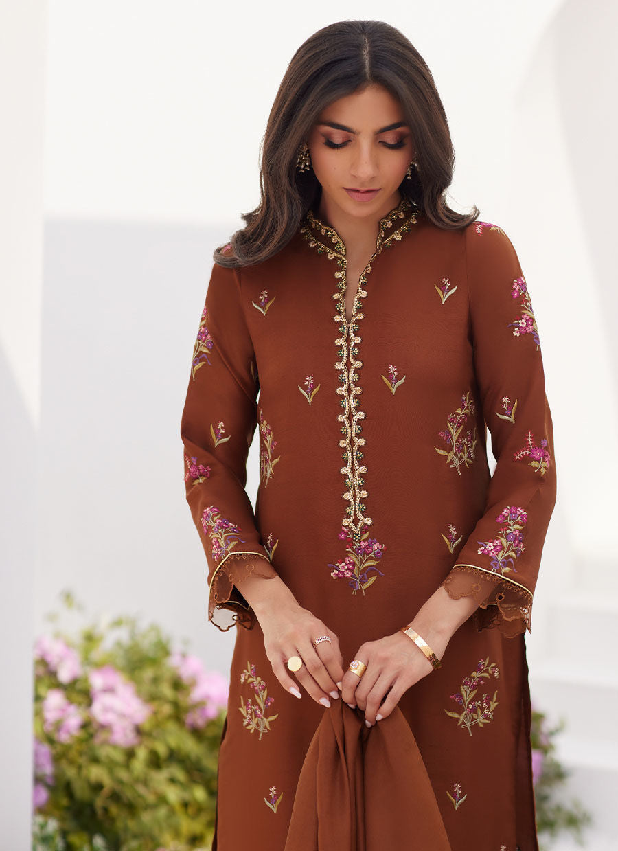 Farah Talib Aziz | Zaza Luxe Pret 24 | NOEMIE CHOCOLATE EMBROIDERED RAW SILK SHIRT AND DUPATTA - House Of Anaya