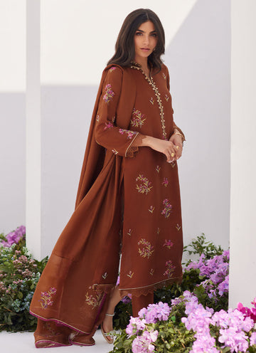 Farah Talib Aziz | Zaza Luxe Pret 24 | NOEMIE CHOCOLATE EMBROIDERED RAW SILK SHIRT AND DUPATTA - House Of Anaya