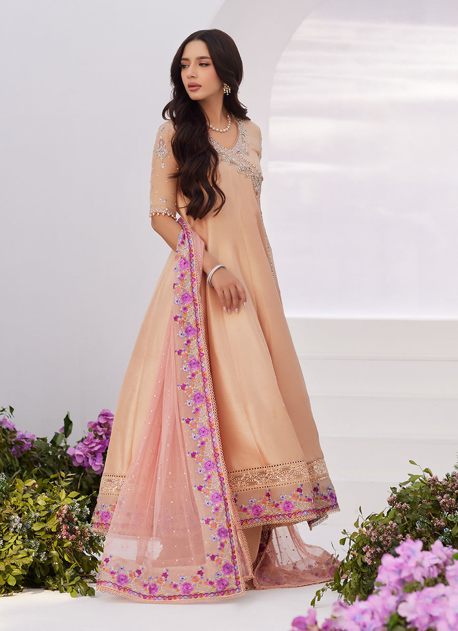 Farah Talib Aziz | Zaza Luxe Pret 24 | LISETTE FAWN EMBELLISHED RAW SILK ANGARKHA AND DUPATTA - House Of Anaya
