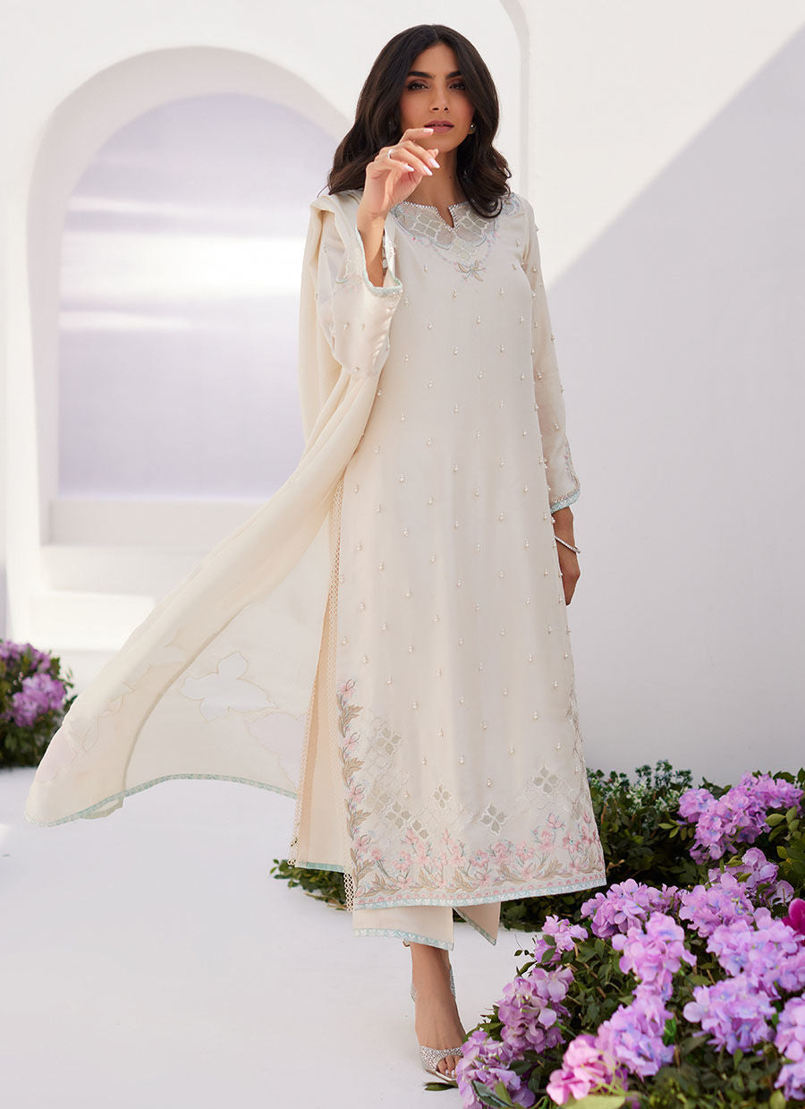 Farah Talib Aziz | Zaza Luxe Pret 24 | LYA IVORY EMBELLISHED RAW SILK SHIRT AND DUPATTA - House Of Anaya